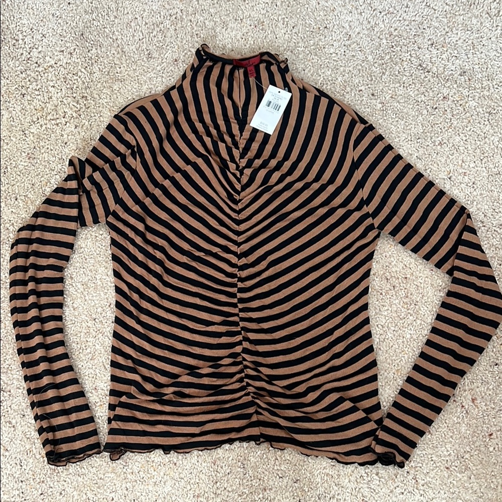 BKE Black and Tan Ruched Blouse with Mandarin Collar